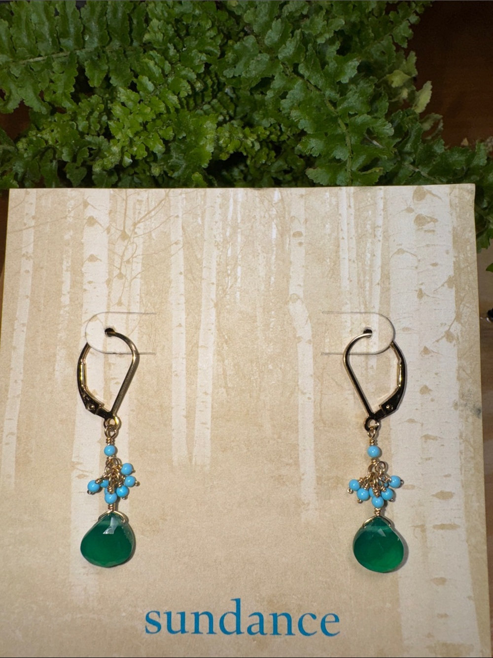 Sundance Green Teardrop Earrings with Turquoise Bead Clusters